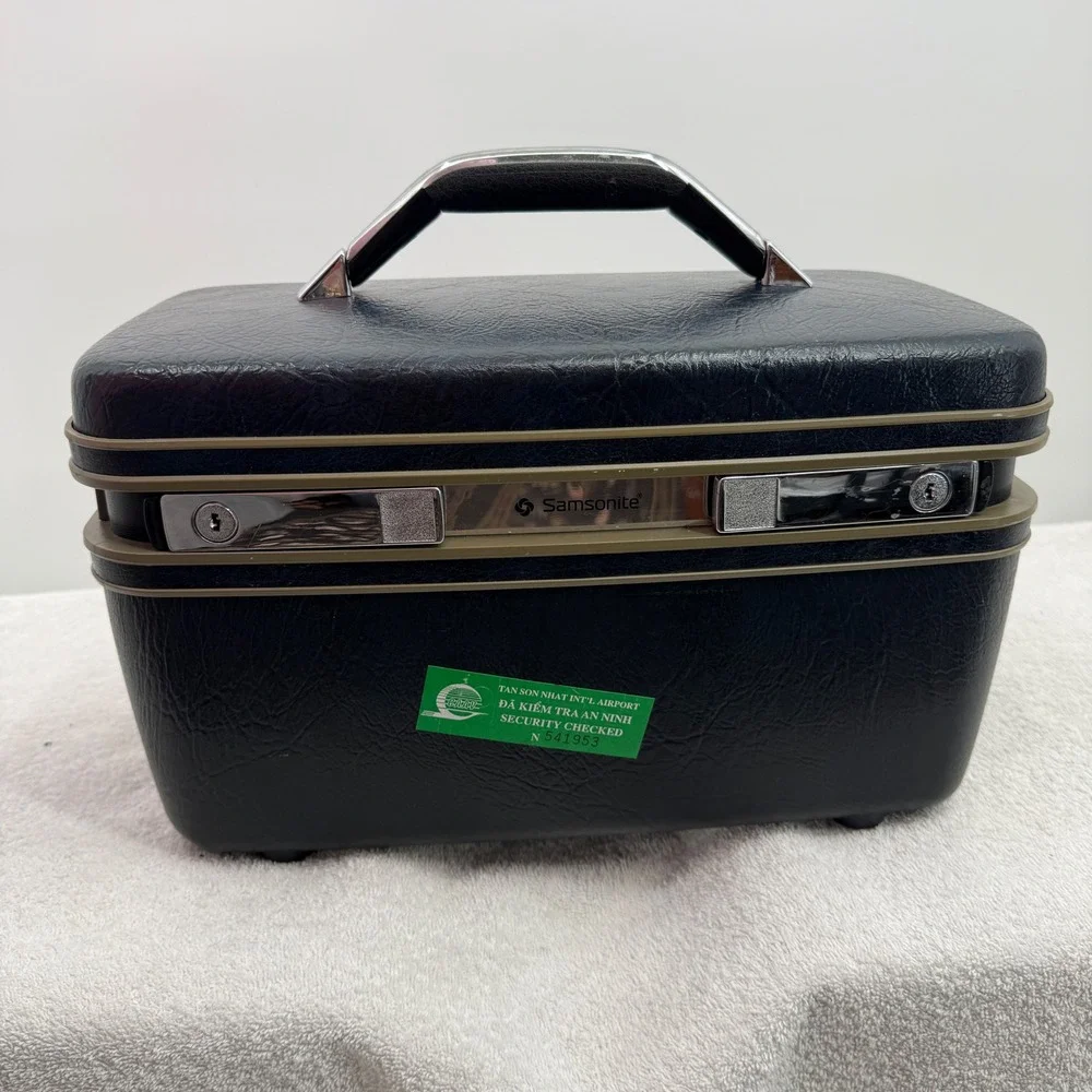 Vtg Samsonite Train Case Makeup Box Black Hard Shell Travel Luggage w/ Keys
